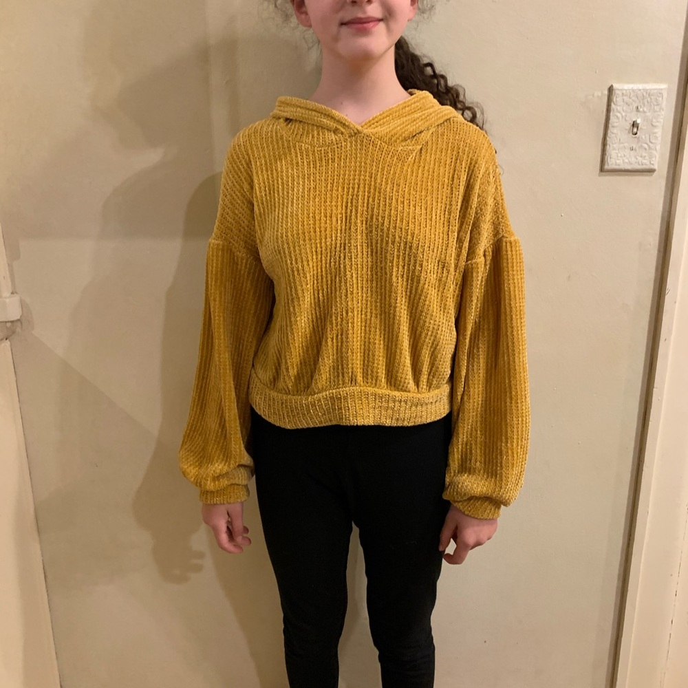 Mustard yellow hooded fuzzy sweater